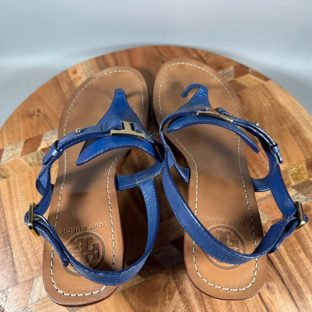 Tory Burch Miller Wedge Thong Sandals‎ Blue Leather Gold Logo Size 9M